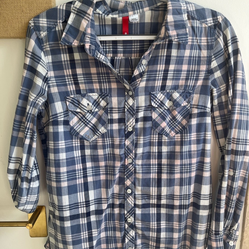 Divided Plaid Blue, White and Pink Button Down Shirt